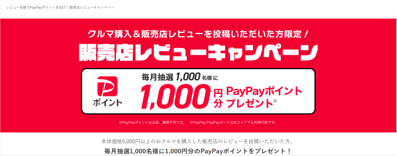 販売店レビューキャンペーン 毎月抽選1000名様に1000円分PayPayポイントプレゼント
